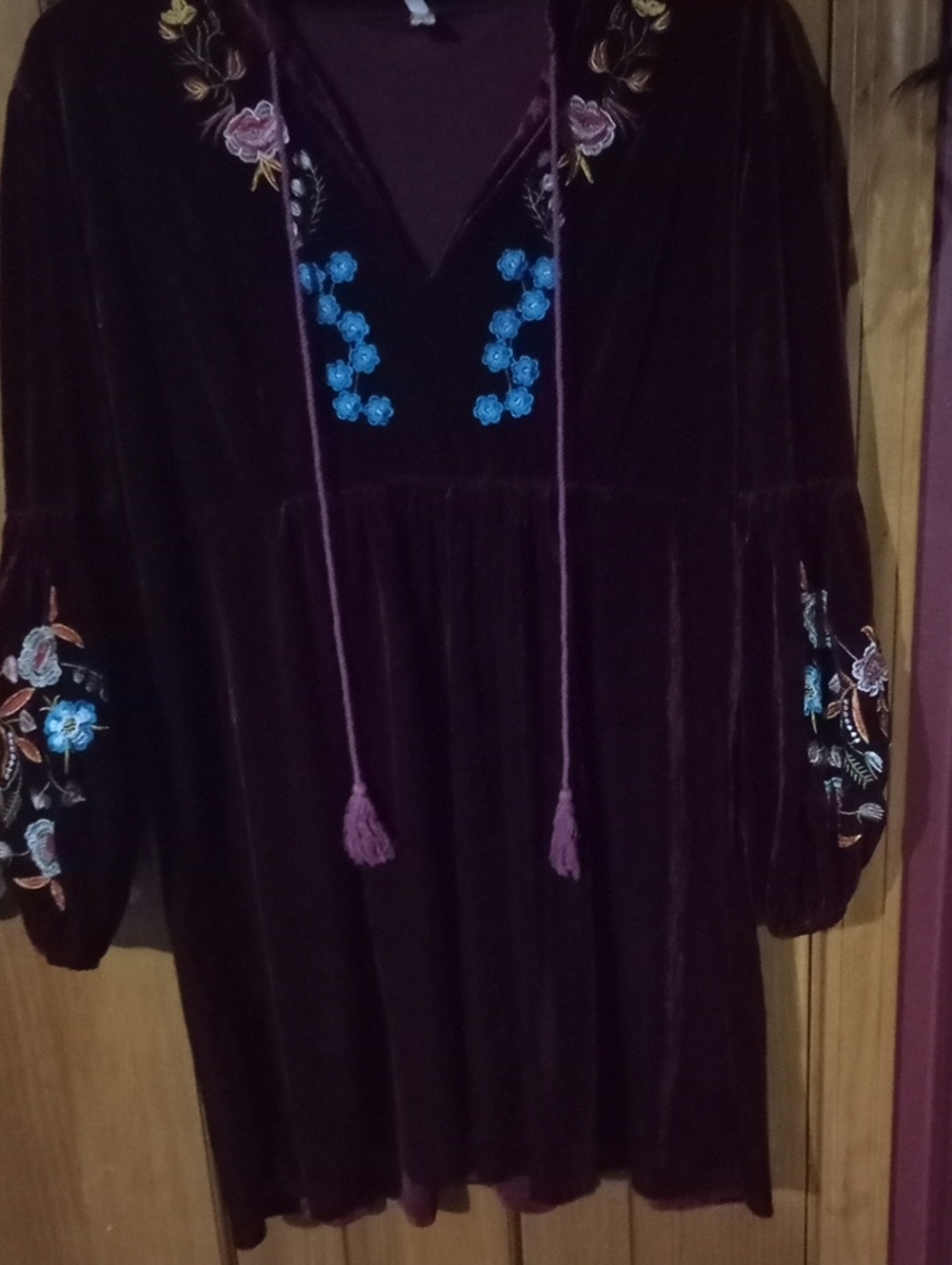 Velvet Embroidered Boho Dress in Deep Burgundy